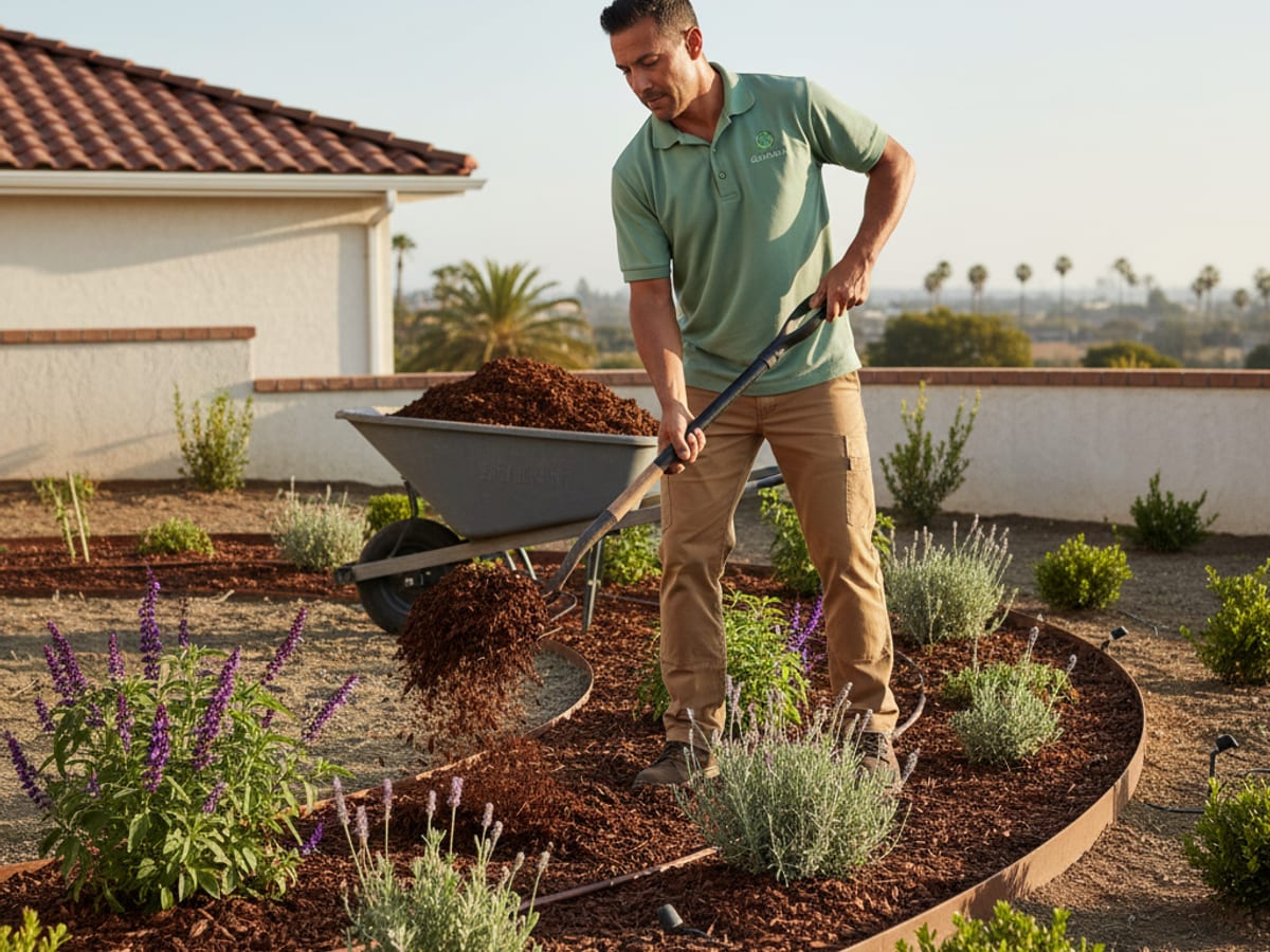 Fresh brown bark mulch spread thick around plants in a curved landscape bed